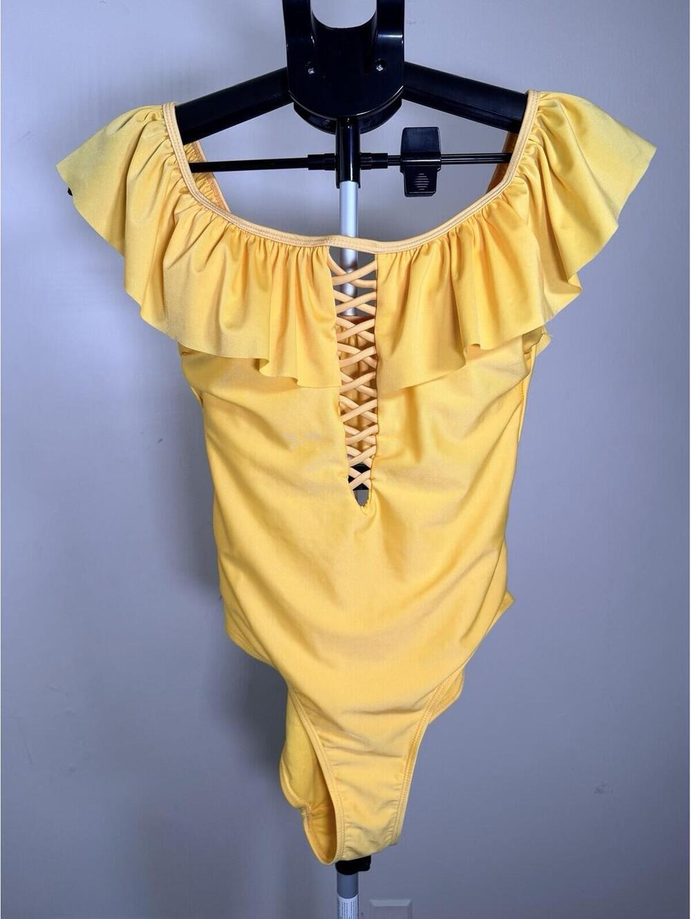 LALA Swim Yellow Ruffled One Piece Swimsuit Women's XL Lace Up Front LS11484